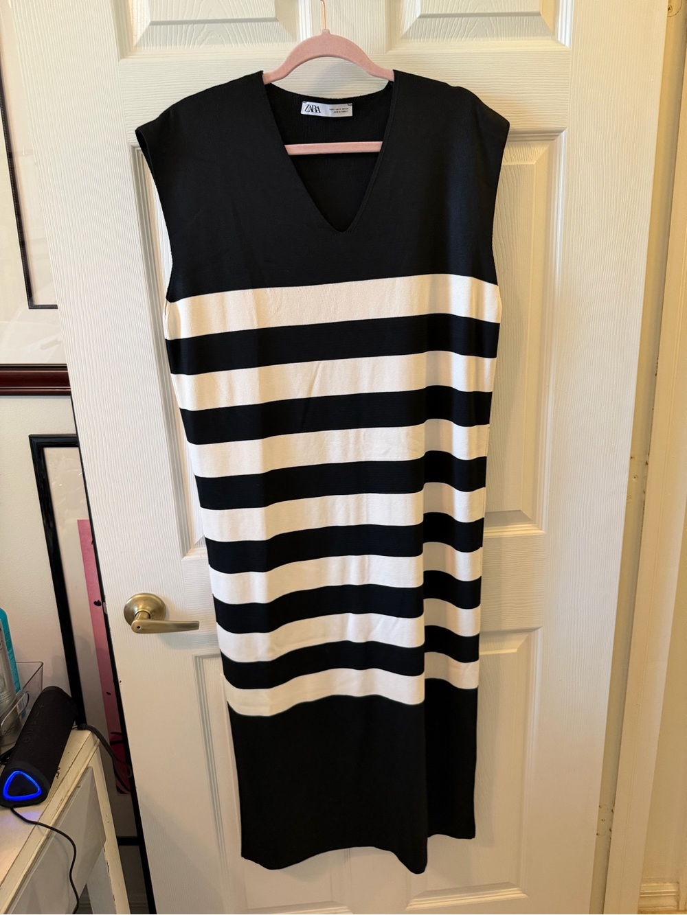 Zara Black & White Striped V-Neck Sleeveless Mini Dress